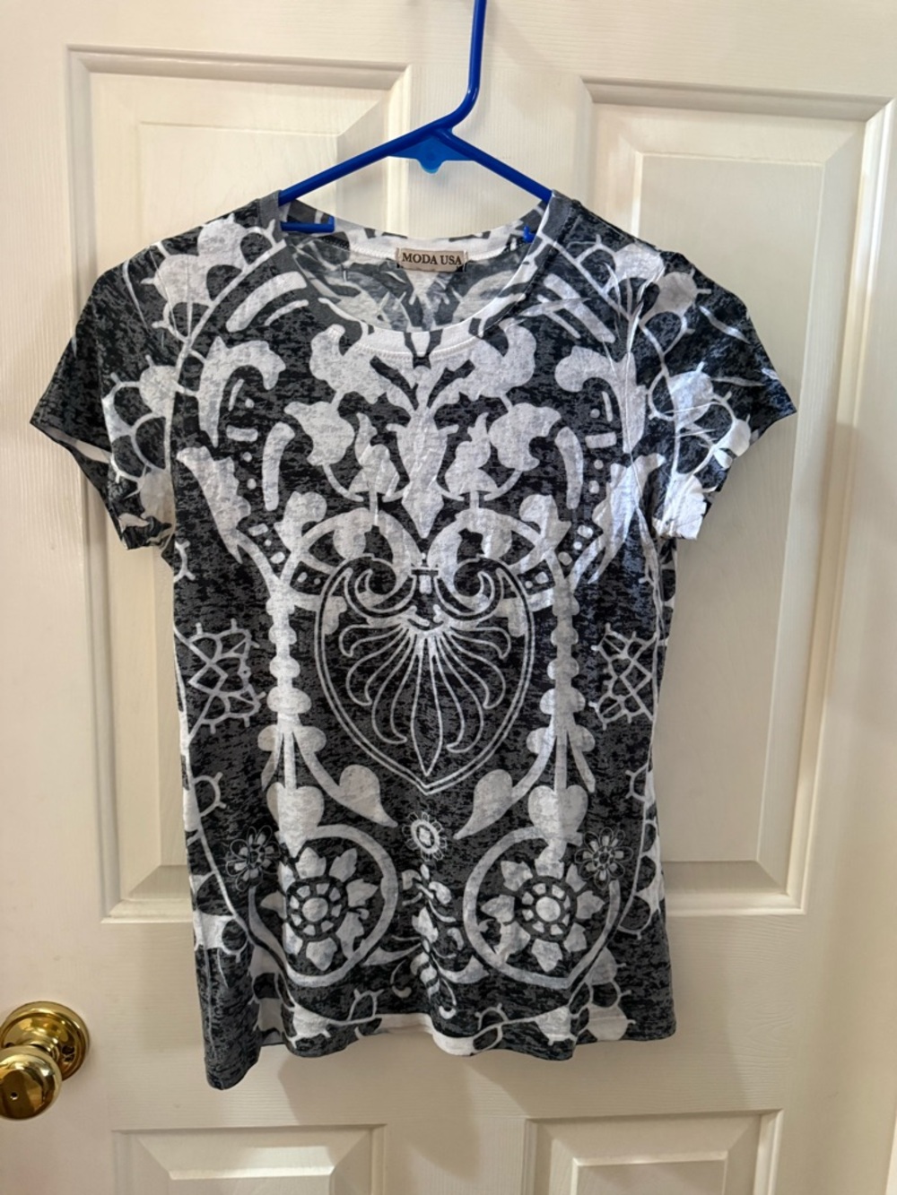 MODA  USA Black & White Graphic Short Sleeve Top M